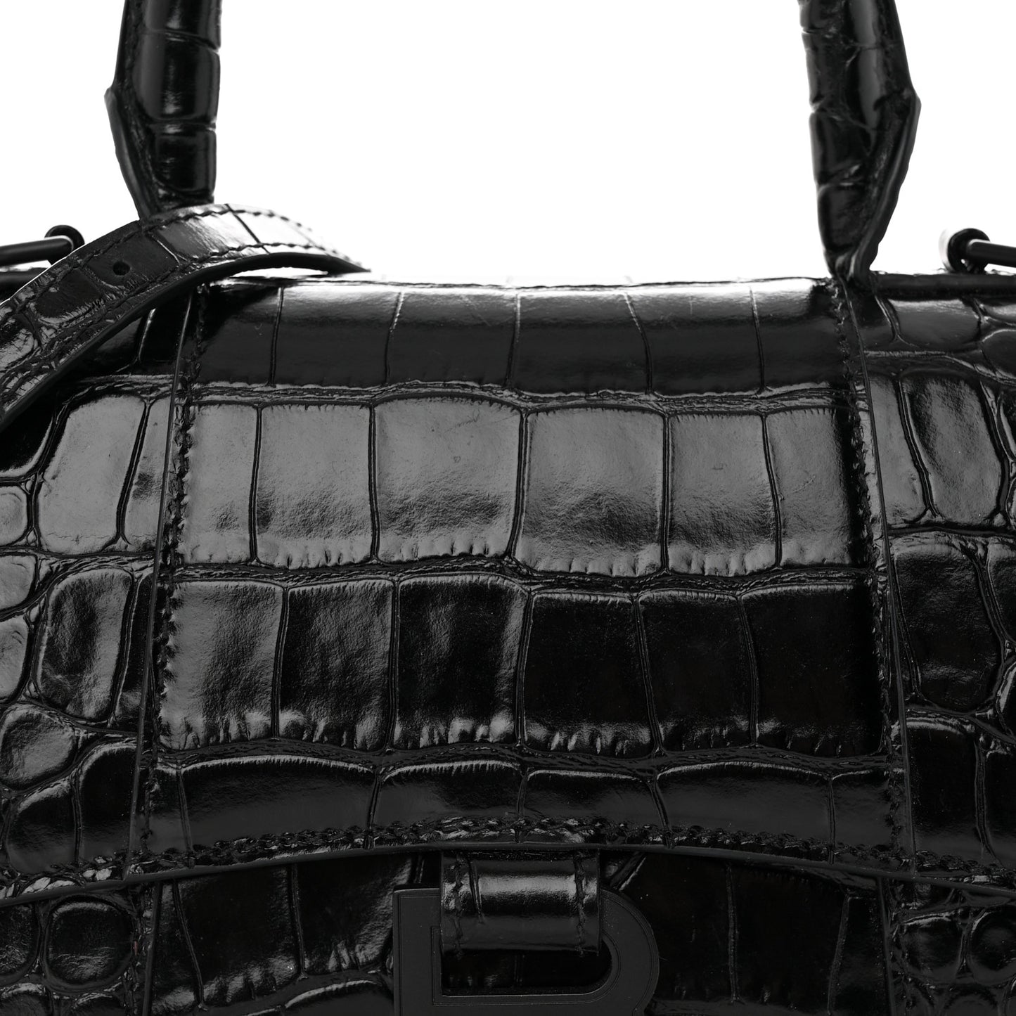 Shiny Calfskin Monochrome Crocodile Embossed Hourglass Top Handle Bag XS Black