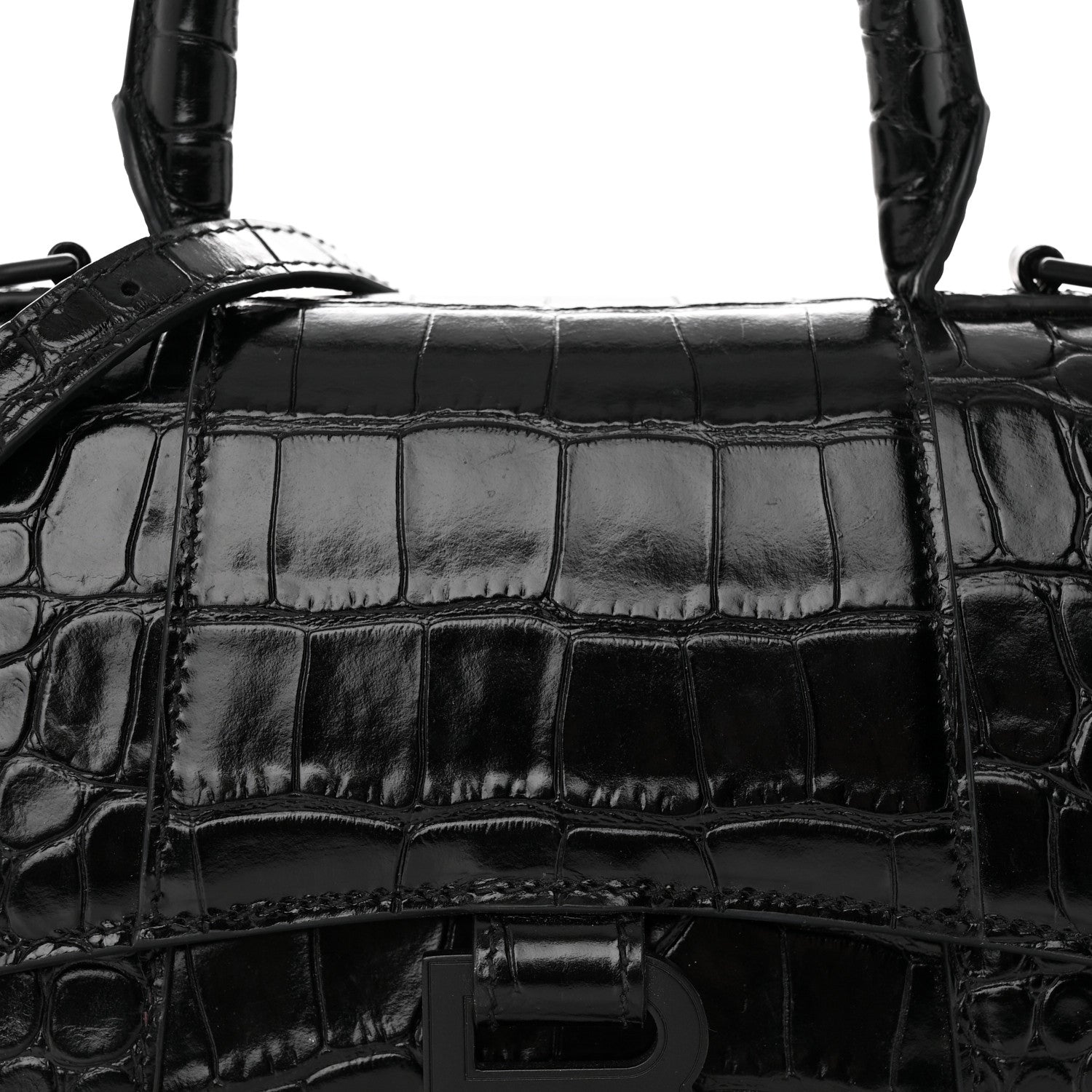 Balenciaga Shiny Calfskin Monochrome Crocodile Embossed Hourglass Top Handle Bag XS Black 7 of 17