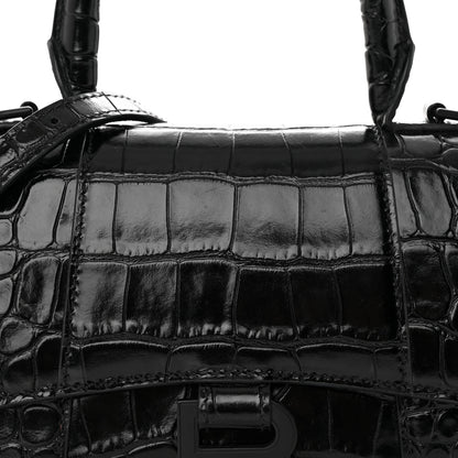 Balenciaga Shiny Calfskin Monochrome Crocodile Embossed Hourglass Top Handle Bag XS Black 7 of 17