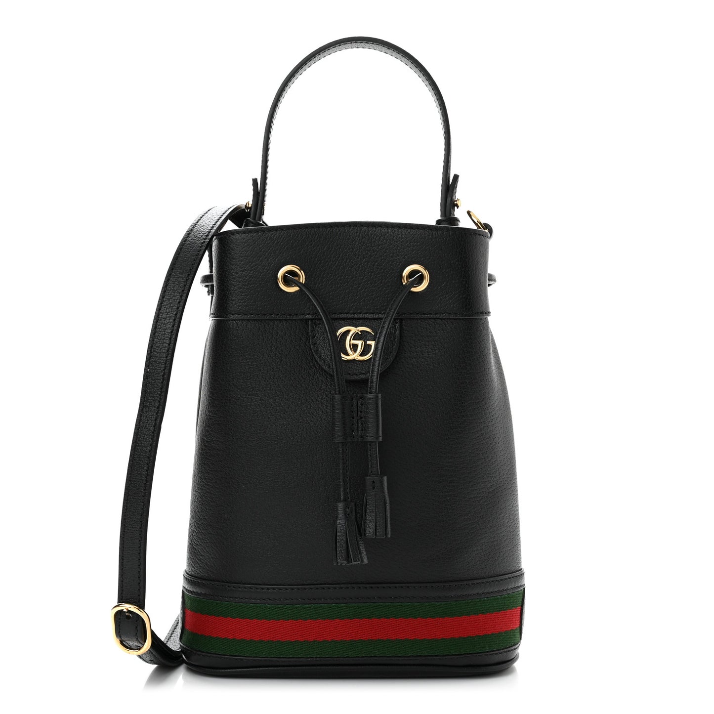 Glazed Textured Calfskin Web Small Ophidia Bucket Bag Black