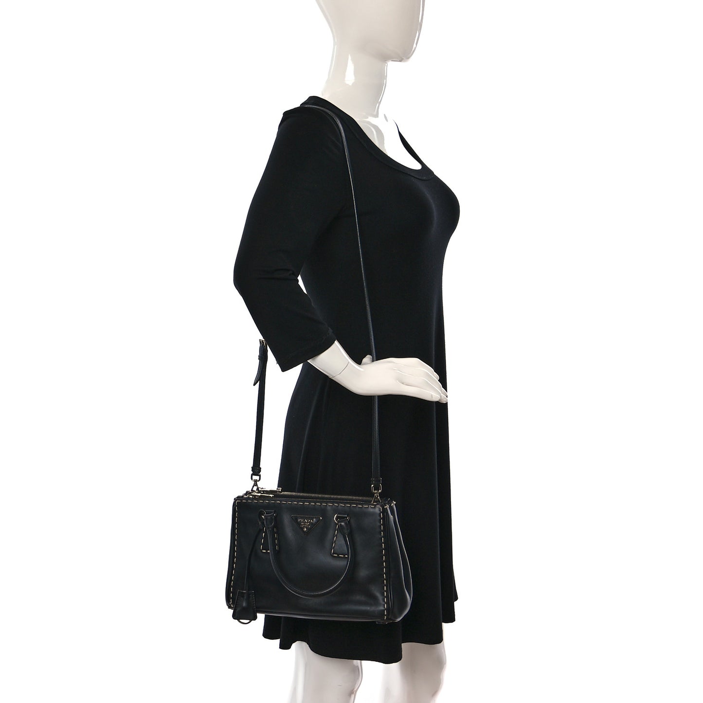City Calf Mini Hand Stitched Galleria Double Zip Tote Black