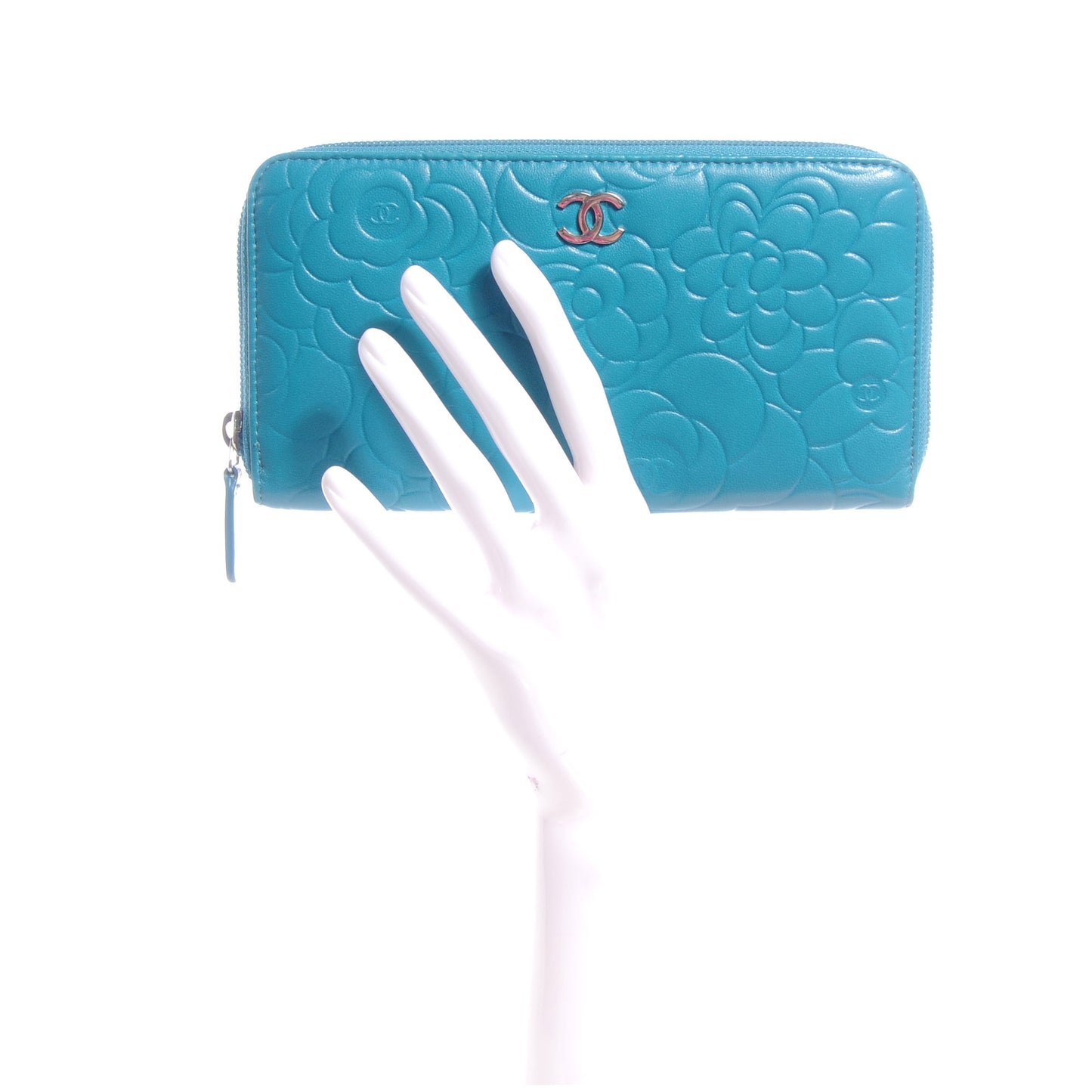 Lambskin Camellia Embossed Large Zip Wallet Turquoise