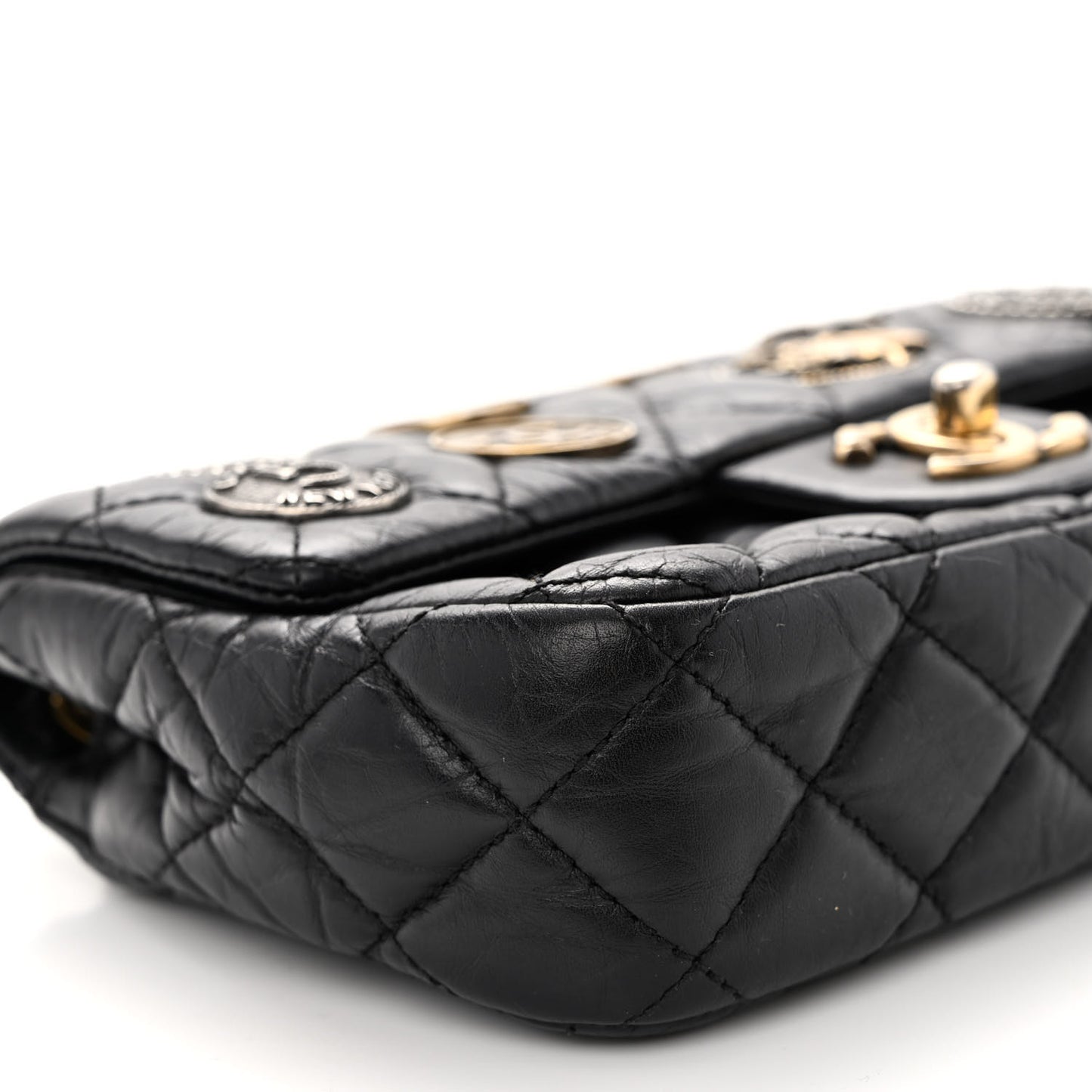 Aged Calfskin Quilted Mini Medallion Flap Black