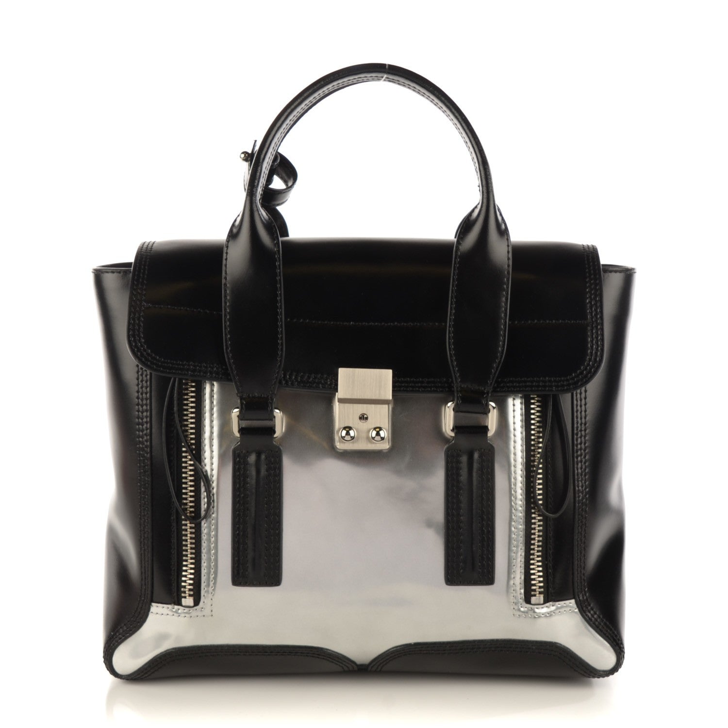 3.1 Phillip Lim 3.1 Metallic Leather Medium Specchio Pashli Satchel Black Silver 1 of 7