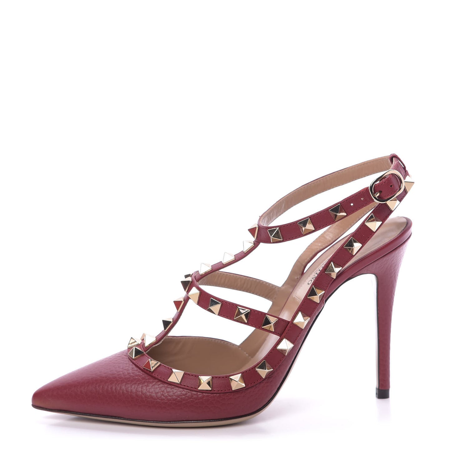 Pebbled Calfskin Rockstud Ankle Strap Pumps 37.5 Rubino