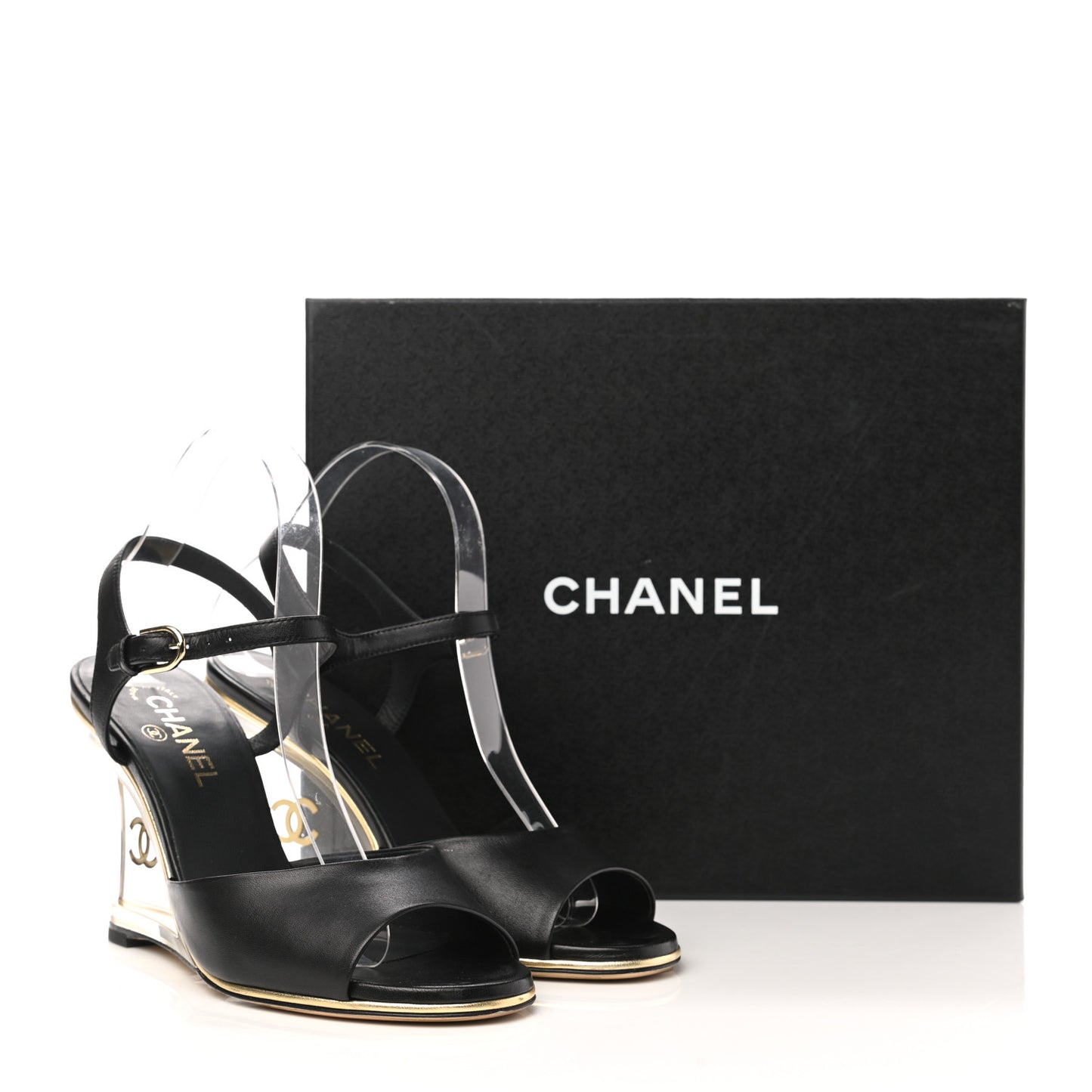 Lambskin Lucite CC Wedge Sandals 41 Black