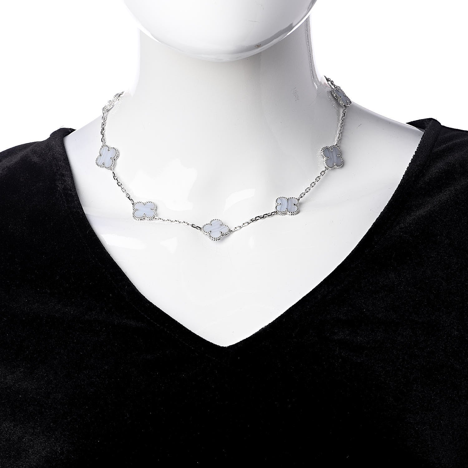 Van Cleef & Arpels 18K White Gold Chalcedony 10 Motifs Vintage Alhambra Necklace 2 of 8