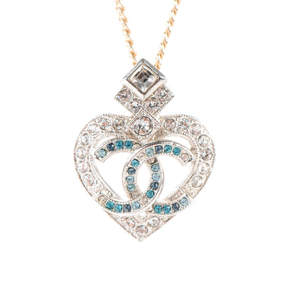 Chanel Crystal Heart Pendant Necklace Silver Gold 3 of 4