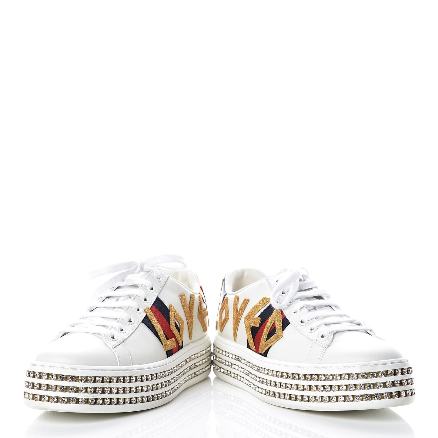Calfskin Crystal Web LOVED Embroidered Womens Ace Platform Sneakers 37 White Red Flame Notte