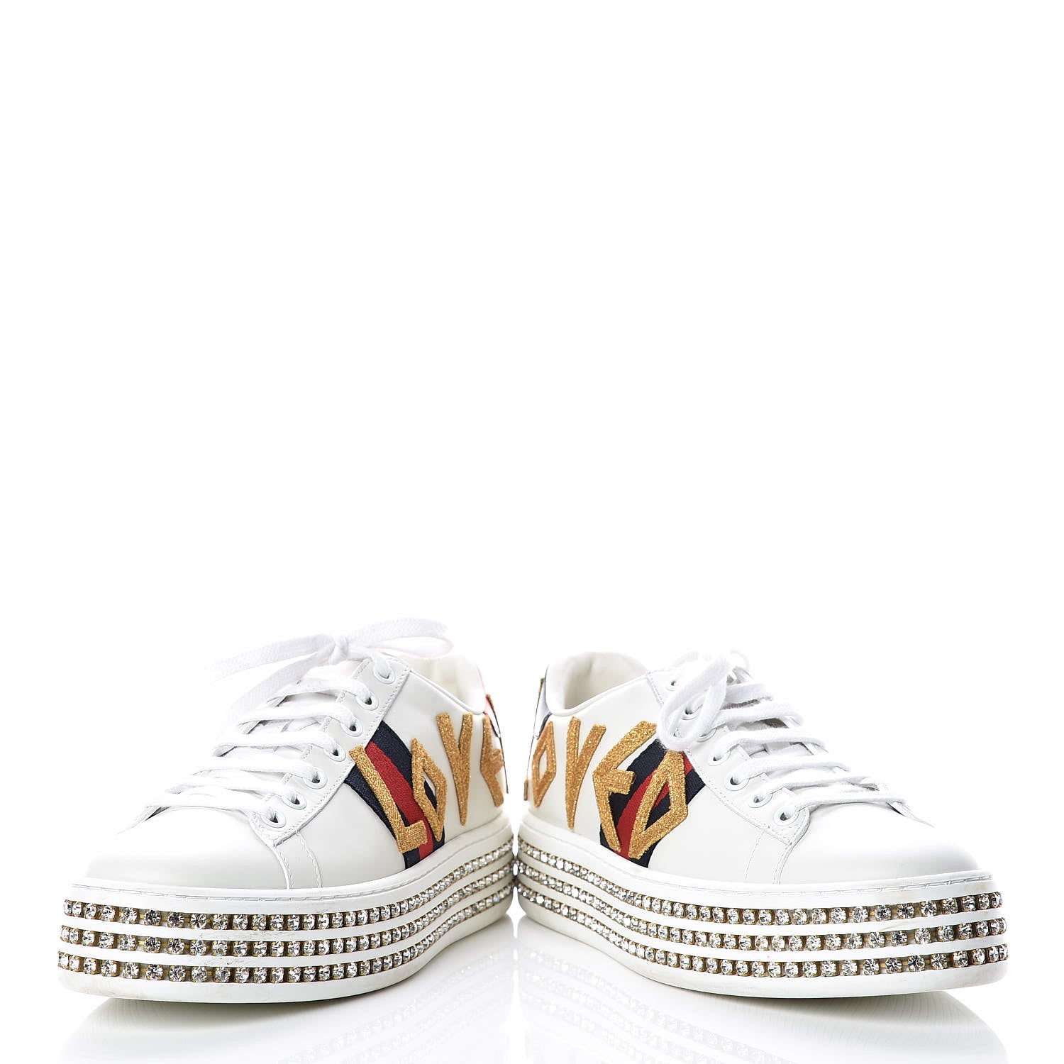 Gucci Calfskin Crystal Web LOVED Embroidered Womens Ace Platform Sneakers 37 White Red Flame Notte 5 of 12