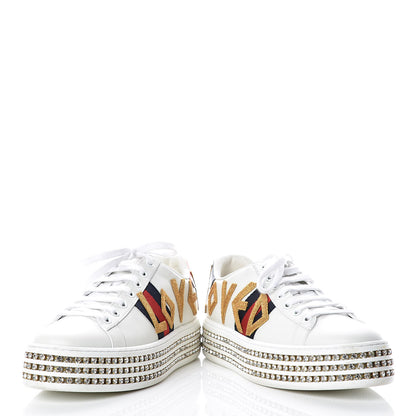 Gucci Calfskin Crystal Web LOVED Embroidered Womens Ace Platform Sneakers 37 White Red Flame Notte 5 of 12