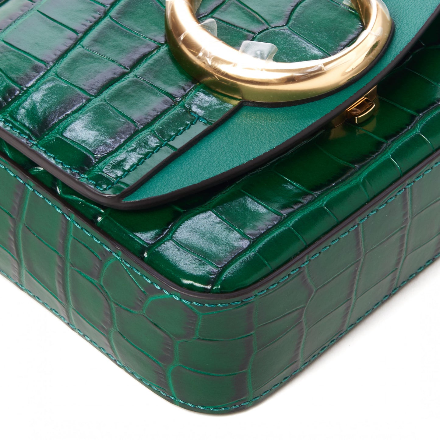 Calfskin Crocodile Embossed Mini C Double Carry Woodsy Green