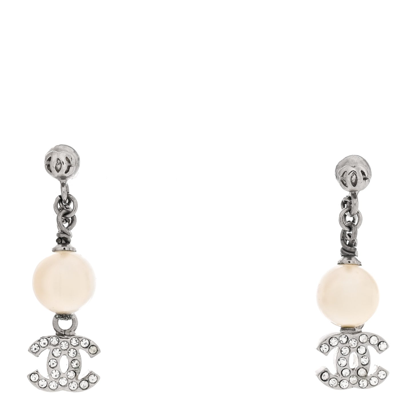 Crystal Pearl CC Drop Chain Earrings Silver