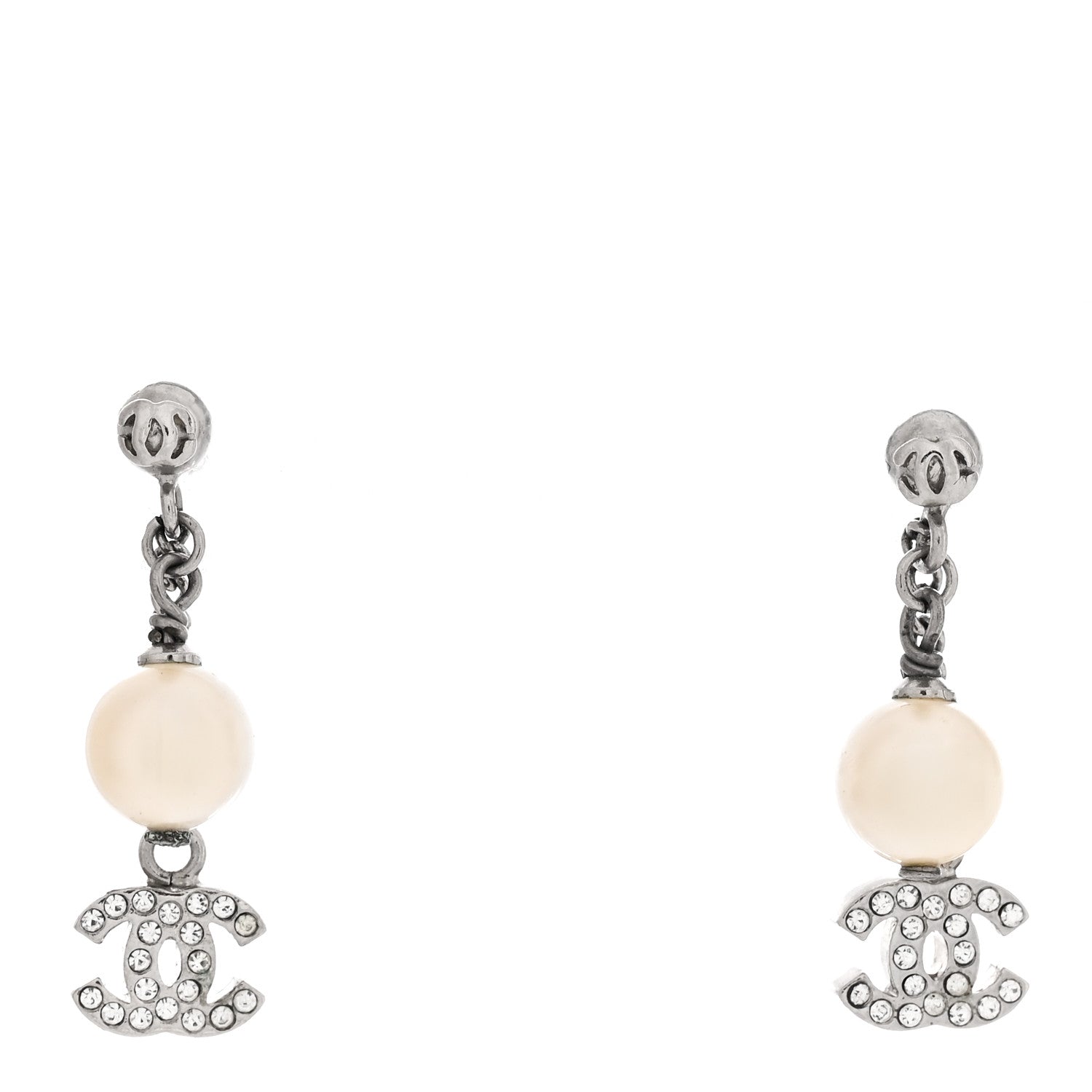 Chanel Crystal Pearl CC Drop Chain Earrings Silver 1 of 5