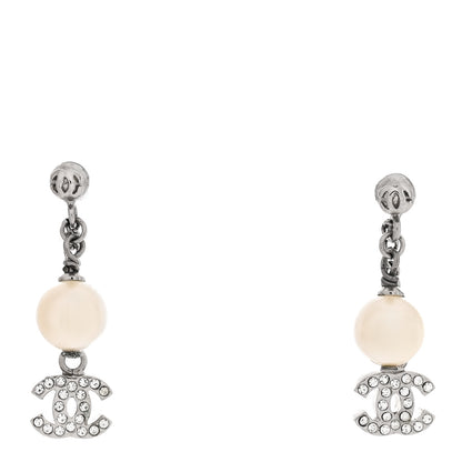 Chanel Crystal Pearl CC Drop Chain Earrings Silver 1 of 5
