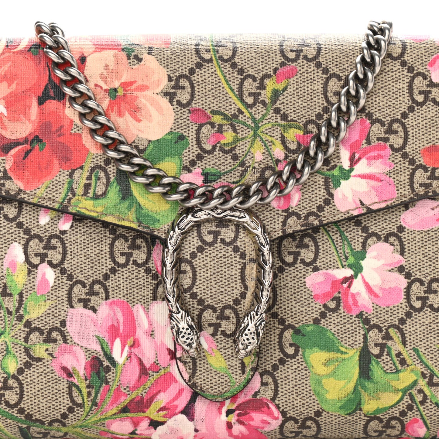 GG Supreme Monogram Blooms Mini Dionysus Chain Wallet Beige Multicolor Dry Rose
