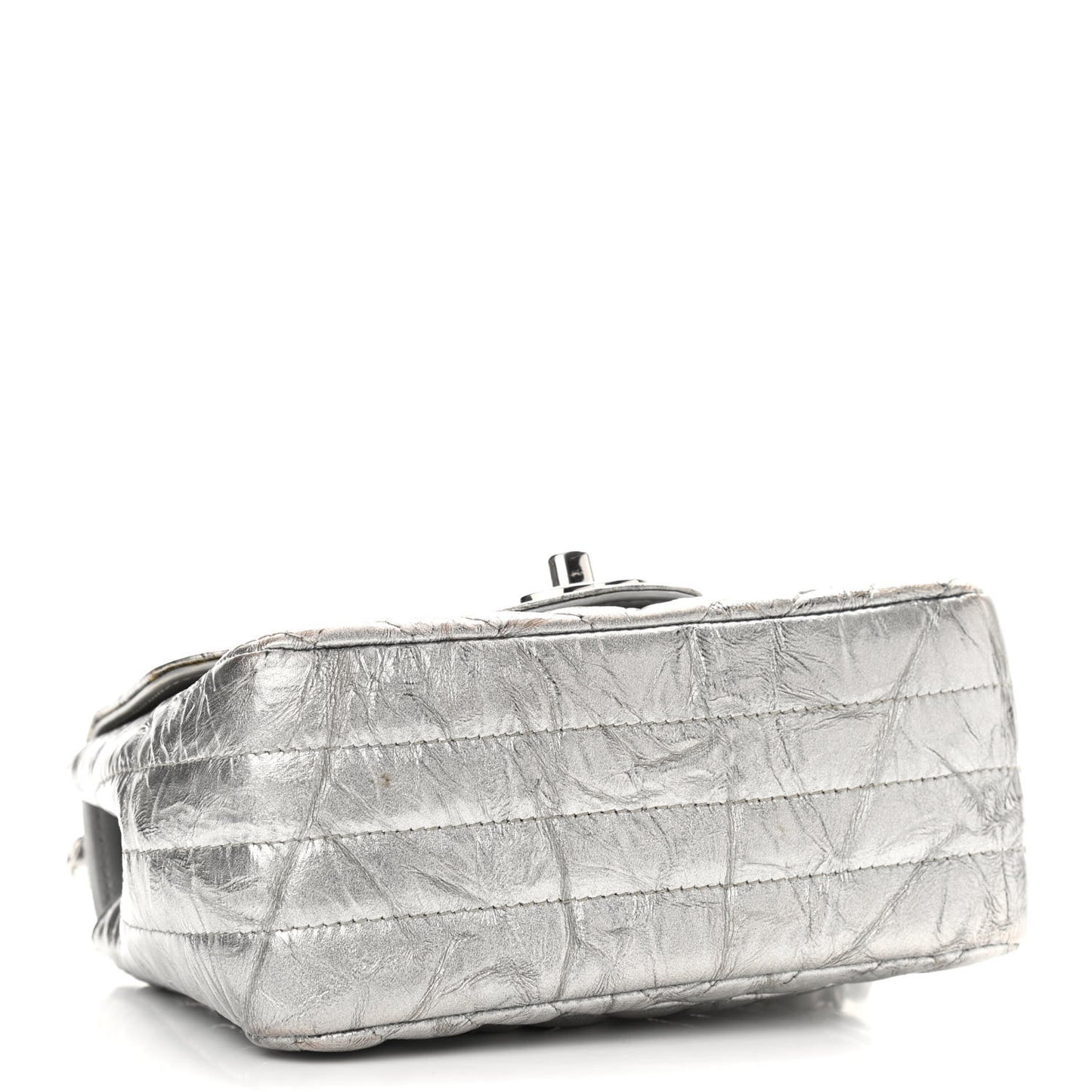 Metallic Patent Crumpled Calfskin Chevron Quilted Mini Square Flap Silver