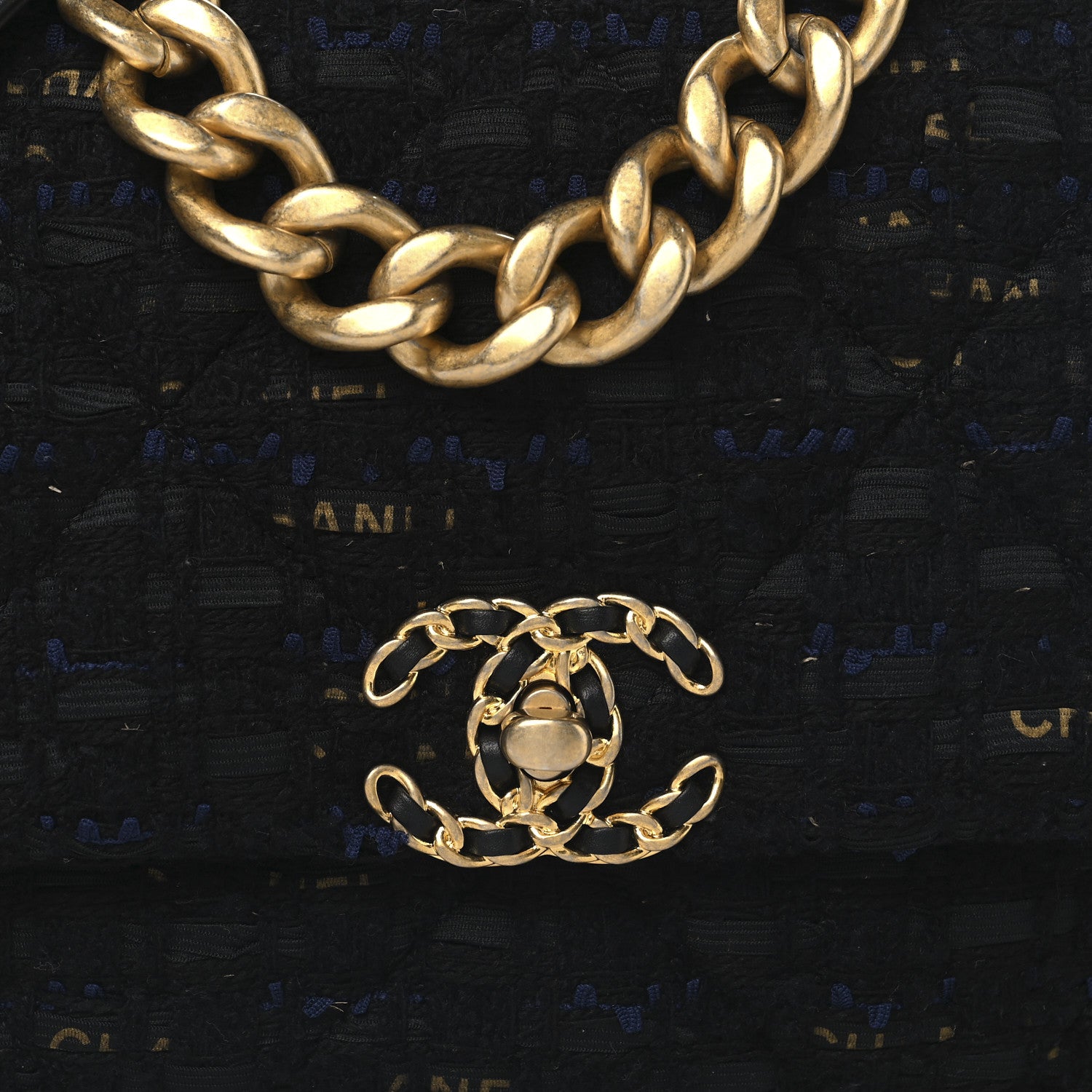 Chanel Tweed Quilted Large Chanel 19 Flap Black Navy Gold 8 of 10