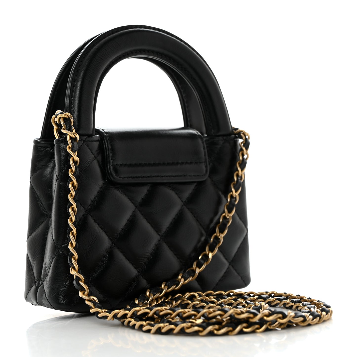 Shiny Aged Calfskin Quilted Mini Nano Kelly Shopper Black