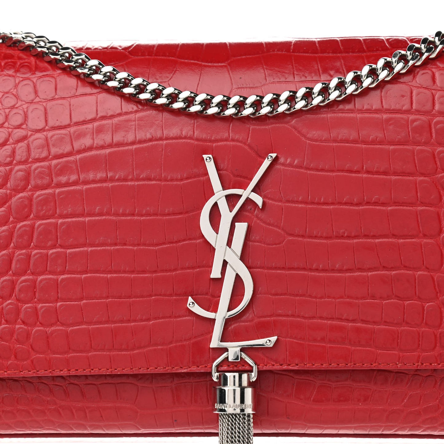 Calfskin Crocodile Embossed Medium Classic Monogram Kate Tassel Satchel Red