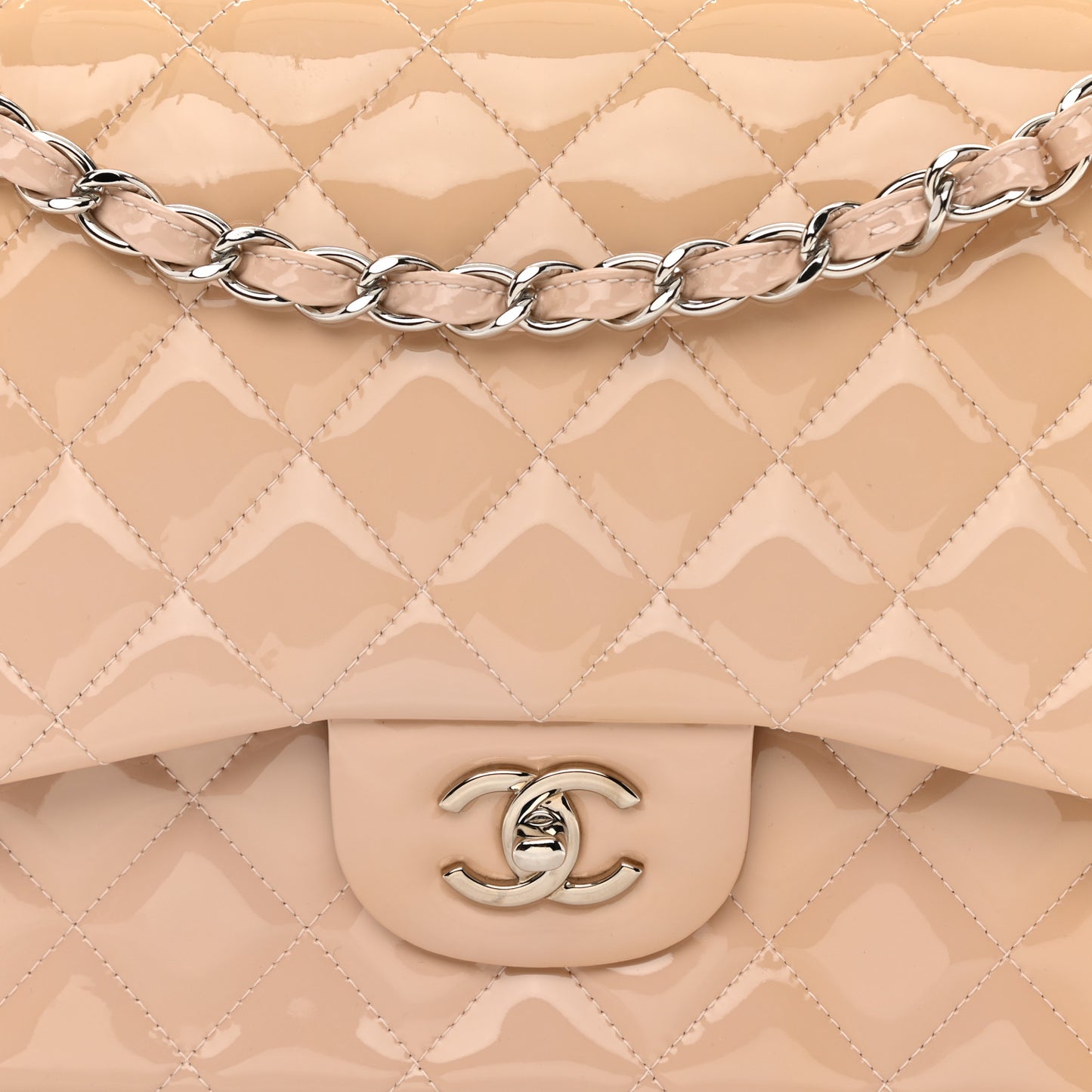 Patent Quilted Jumbo Double Flap Beige