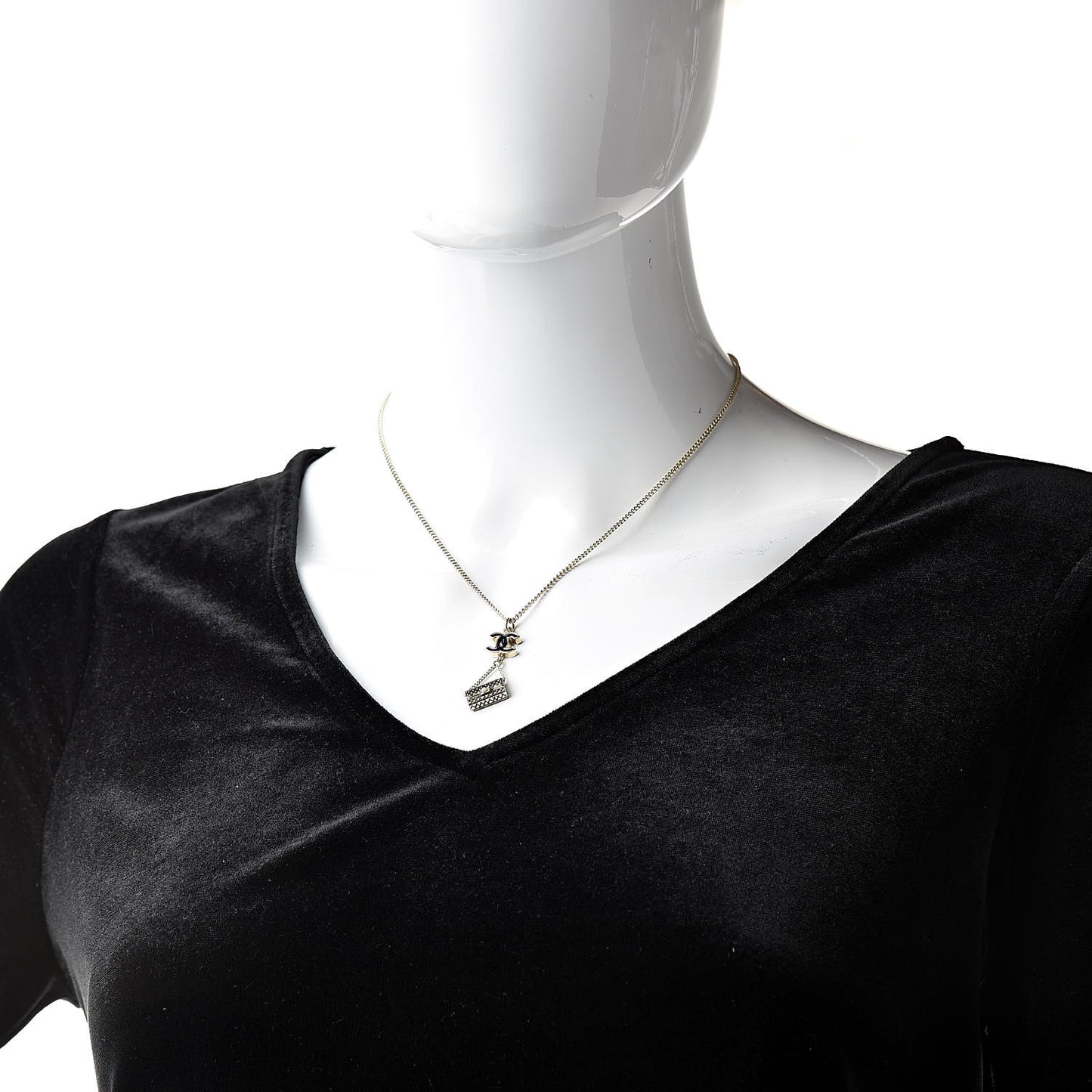 Enamel Pearl CC Bag Drop Necklace Black Gold