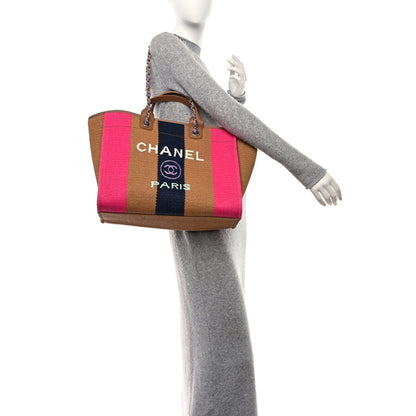 Chanel Straw Raffia Calfskin Striped Medium Deauville Tote Dark Beige Fuchsia Navy Blue 2 of 12