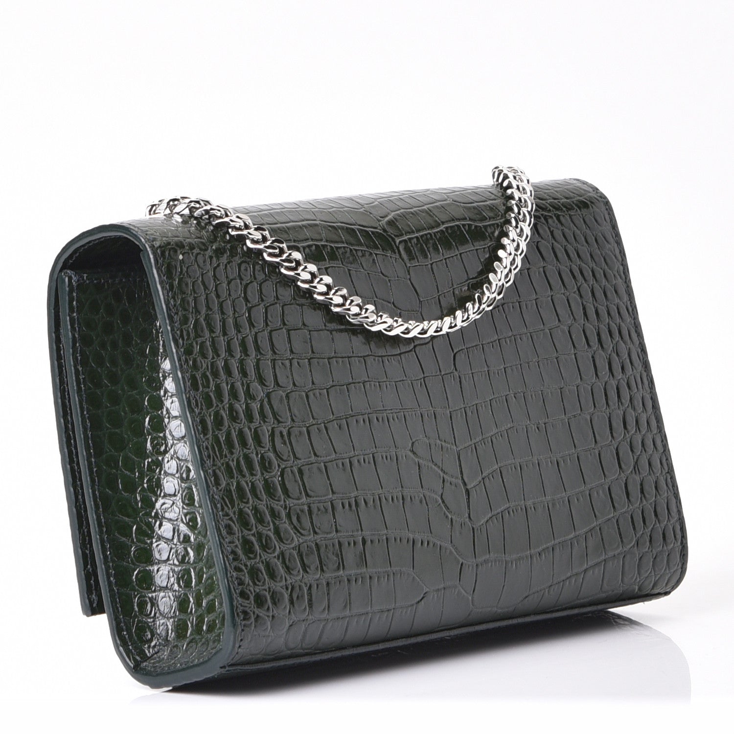 Saint Laurent Calfskin Crocodile Embossed Small Classic Monogram Kate Tassel Satchel Dark Green 2 of 5