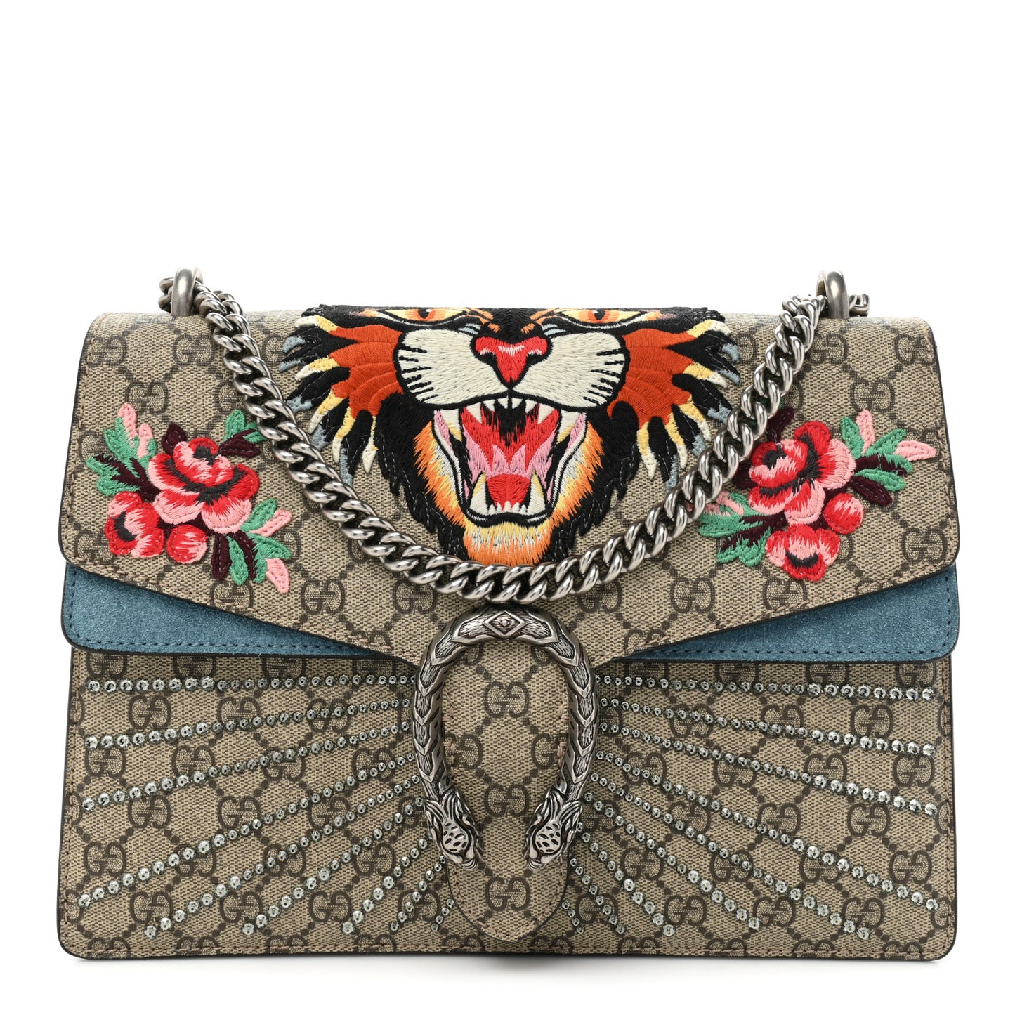 GG Supreme Monogram Angry Cat Embroidered Medium Dionysus Shoulder Bag Beige Ultramarine