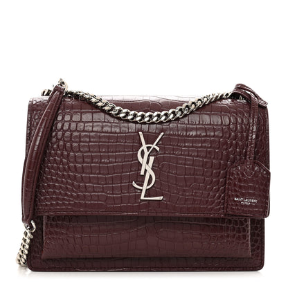 Saint Laurent Calfskin Crocodile Embossed Medium Monogram Sunset Rouge Legion 1 of 12