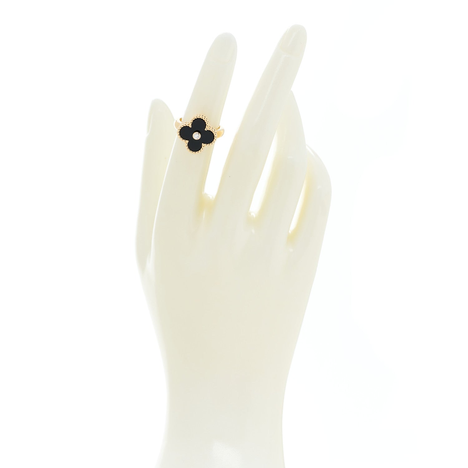 Van Cleef & Arpels 18K Yellow Gold Diamond Black Onyx Vintage Alhambra Ring 48 4.5 2 of 7