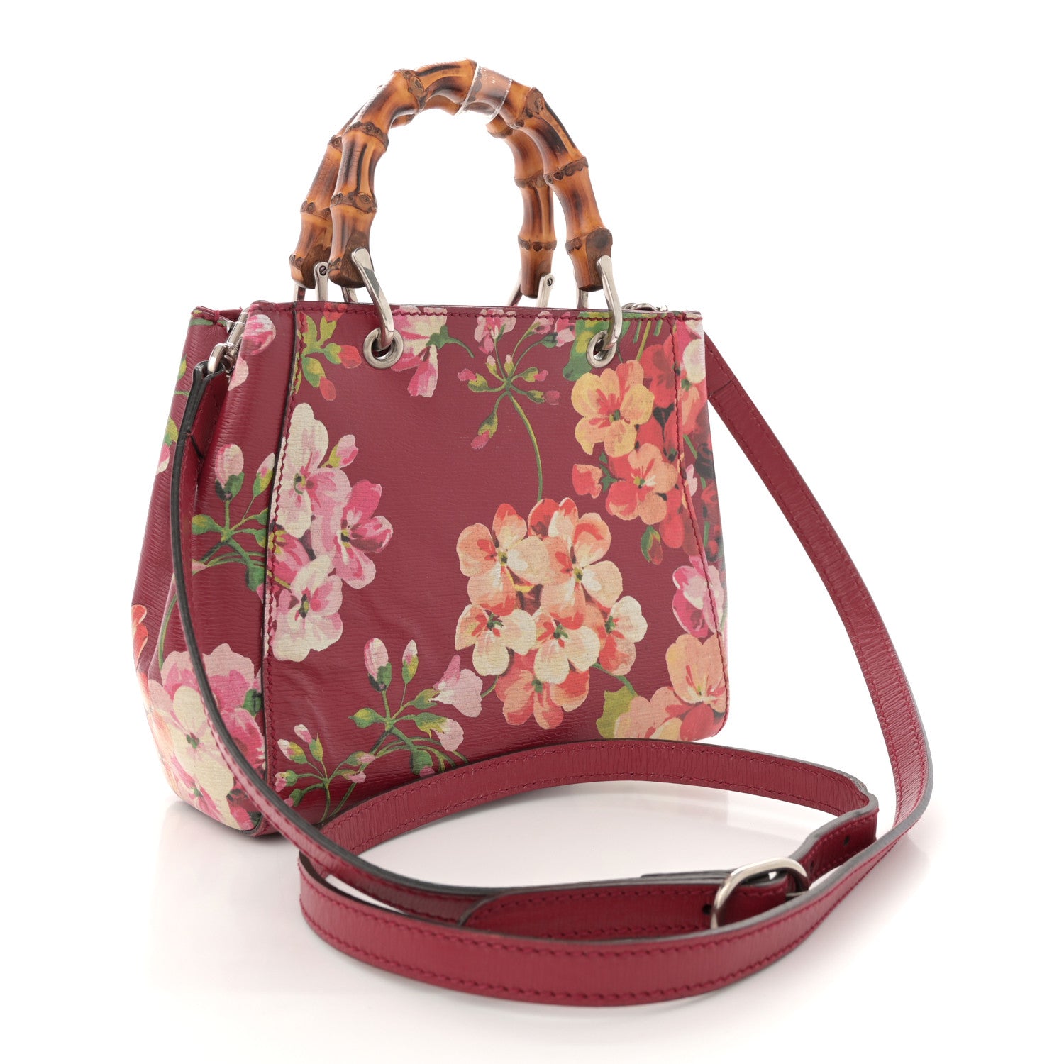 Gucci Shangai Calfskin Blooms Print Mini Bamboo Shopper Tote Romantic Cerise Multicolor 3 of 13