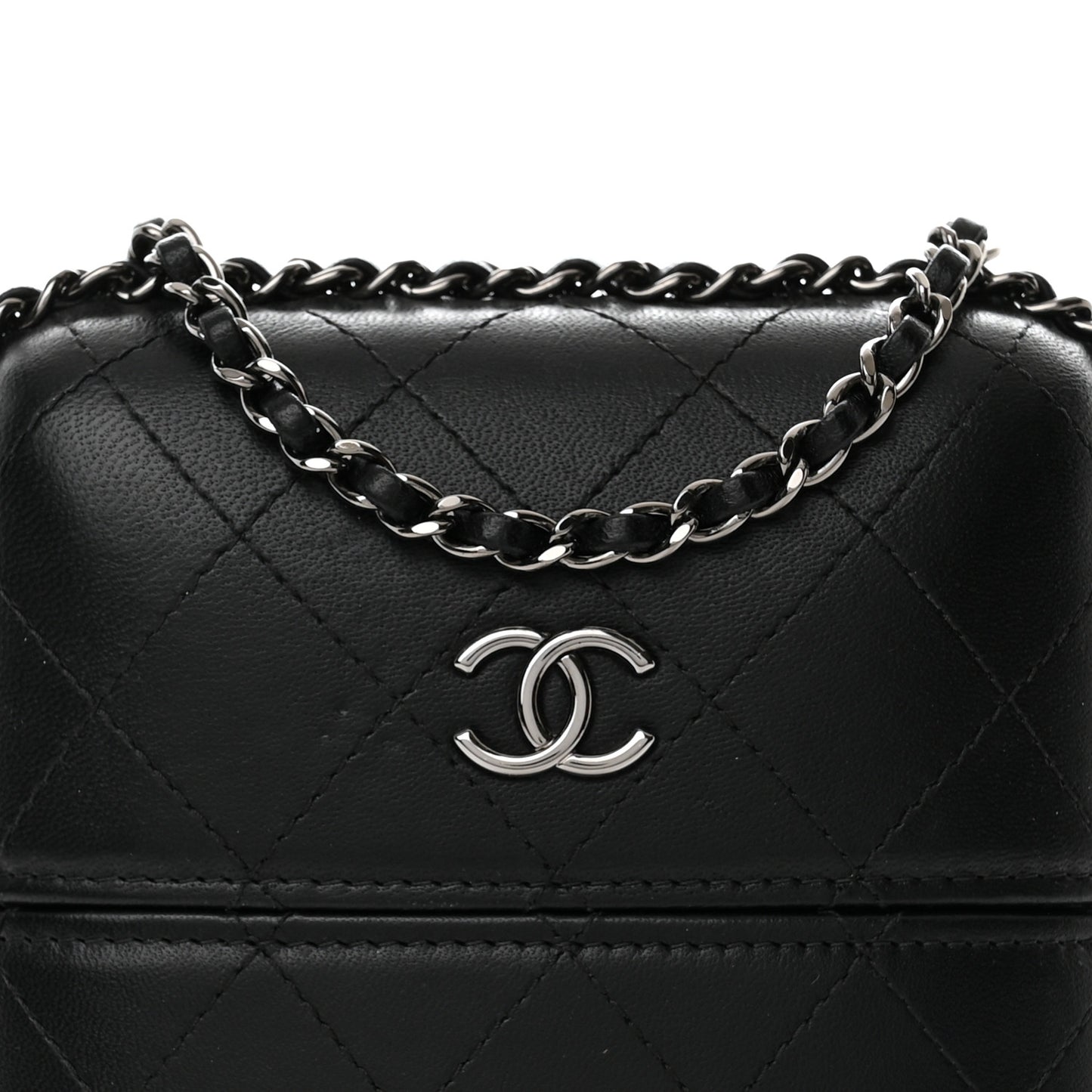 Lambskin Quilted Chain Around Phone Holder Black
