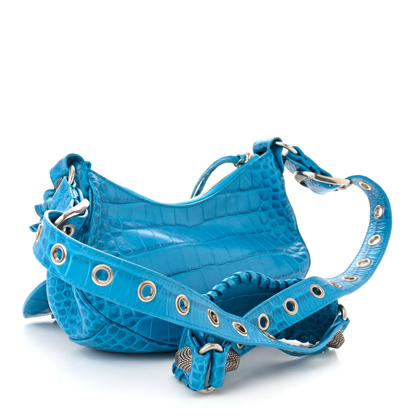Extra Supple Calfskin Crocodile Embossed Le Cagole Shoulder Bag XS Turquoise
