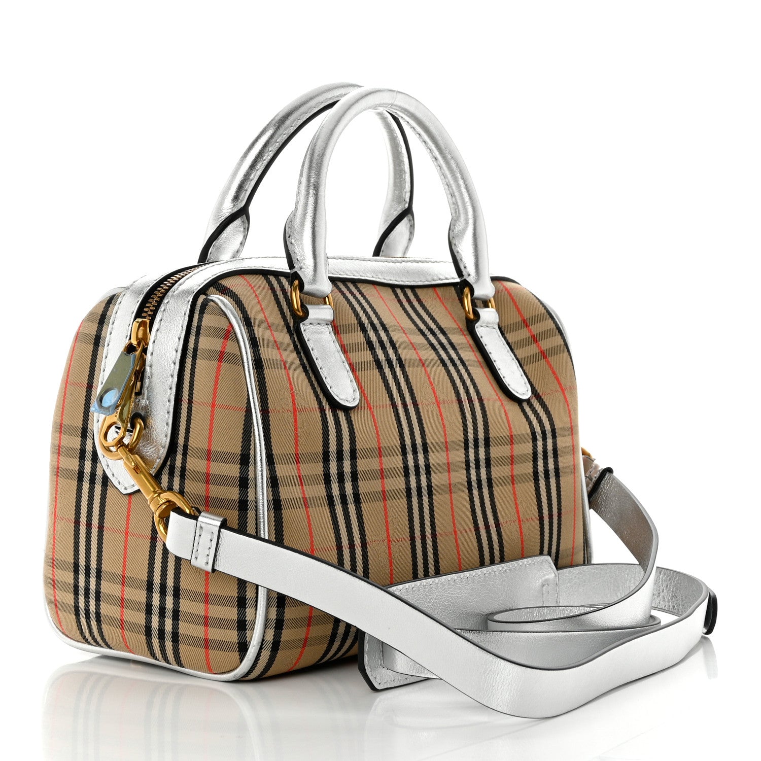 Burberry Smooth Calfskin 1983 Knight Check Link Bowling Bag Silver 3 of 10