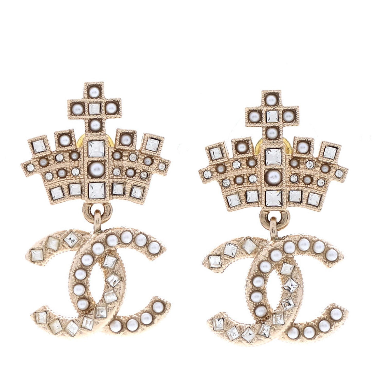 Crystal CC Crown Drop Earrings Gold