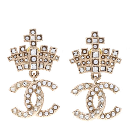 Chanel Crystal CC Crown Drop Earrings Gold 1 of 5
