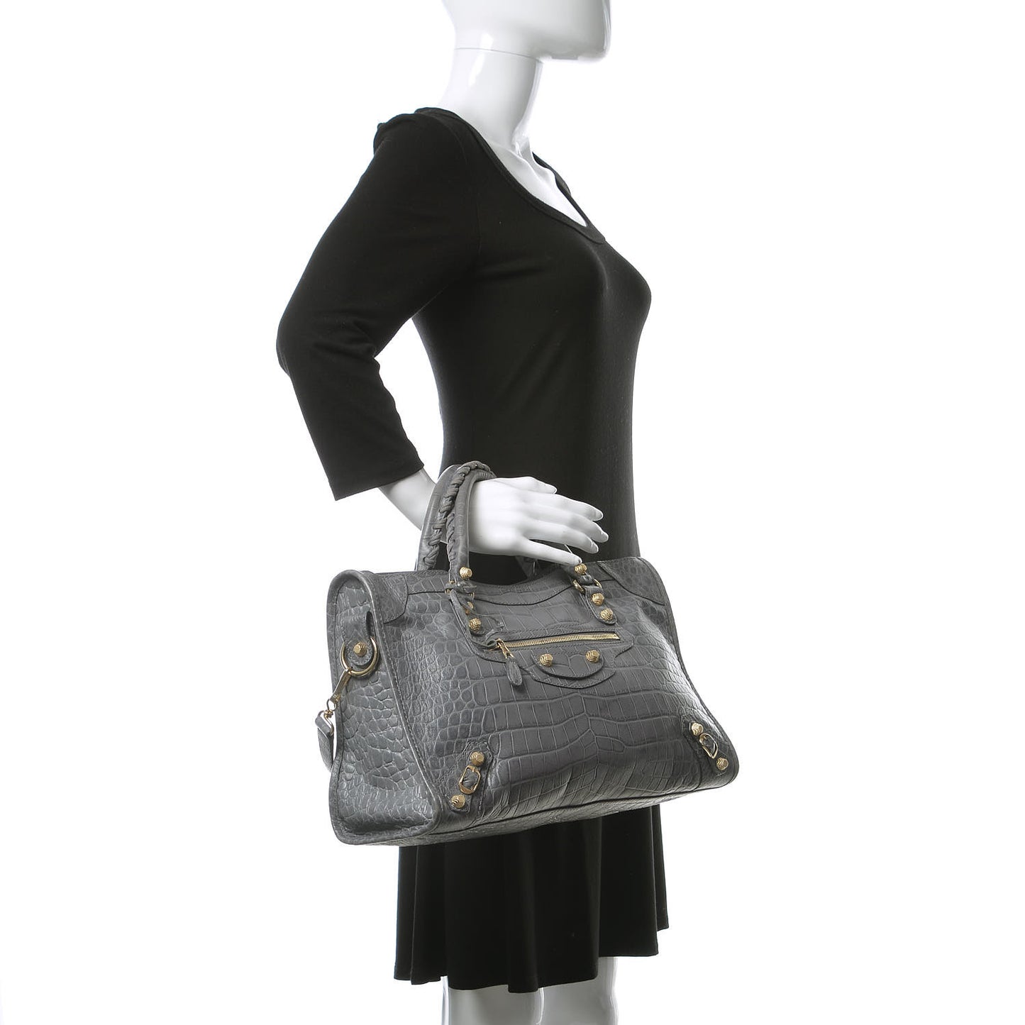 Calfskin Crocodile Embossed Giant 12 Gold Hardware City Gris Beton