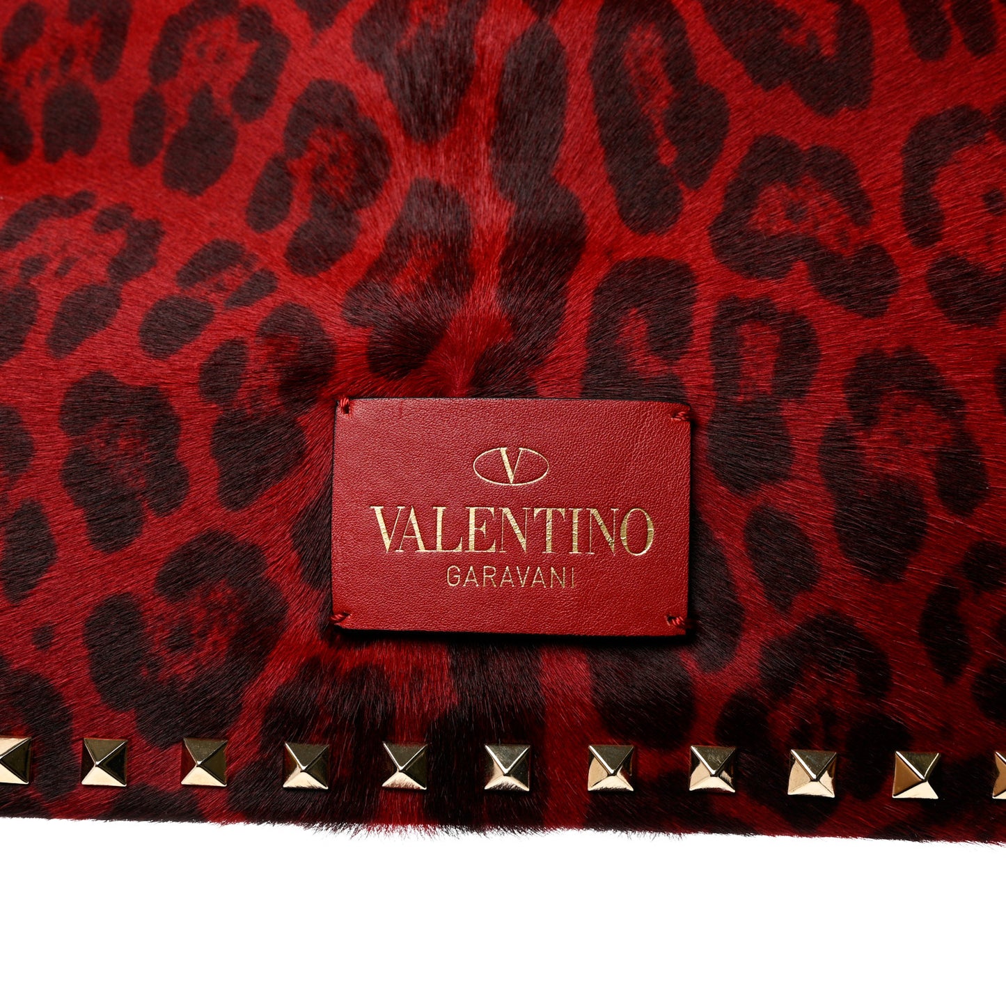Pony Hair Leopard Print Rockstud Zip Clutch Red