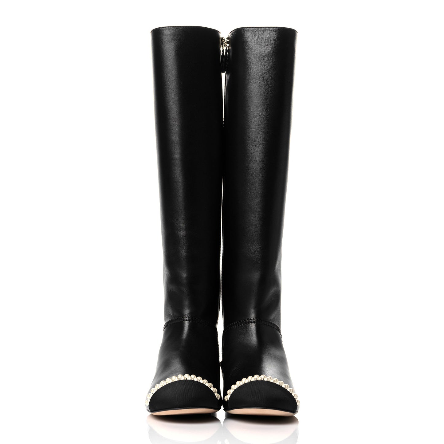 Calfskin Grosgrain Pearl Cap Toe High Boots 38 Black