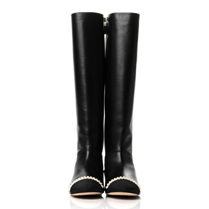 Chanel Calfskin Grosgrain Pearl Cap Toe High Boots 38 Black 2 of 10