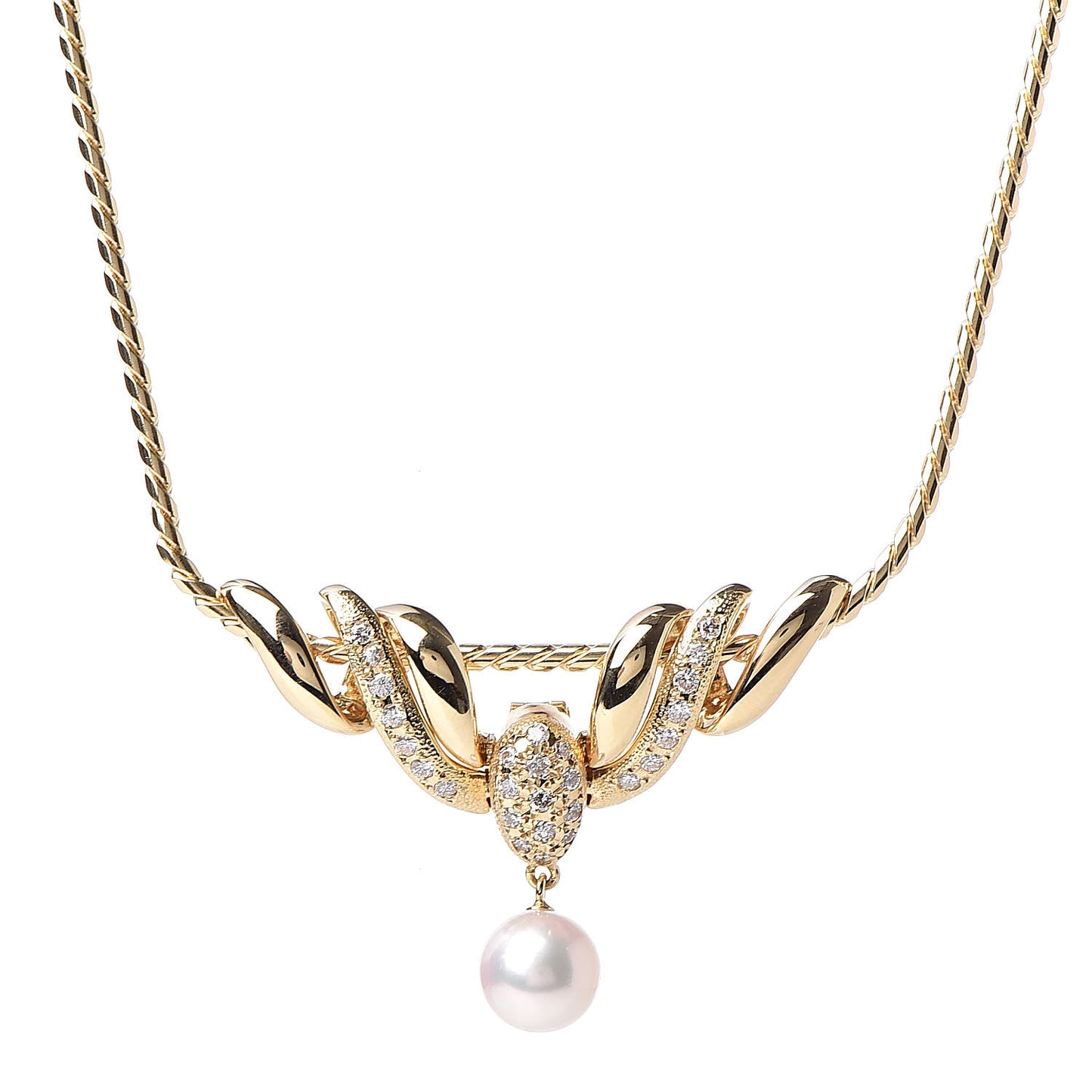 18K Yellow Gold Diamond Akoya Pearl 7.5mm Pendant Necklace