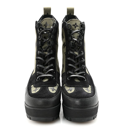Louis Vuitton Suede Monogram Laureate Platform Desert Boots 37 Kaki Black 3 of 10