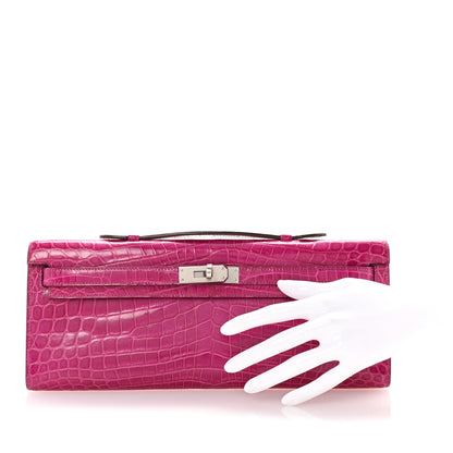 Hermes Shiny Niloticus Crocodile Kelly Cut Pochette Rose Scheherazade 2 of 7