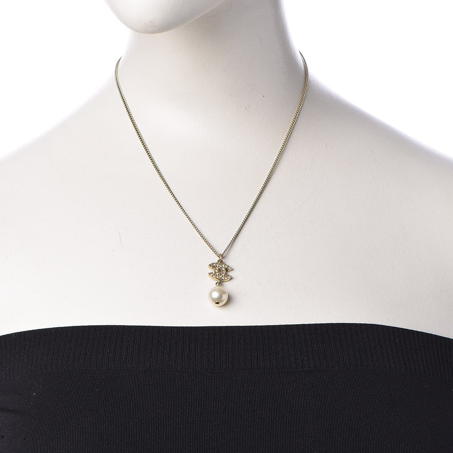 Pearl Crystal CC Pendant Necklace Light Gold