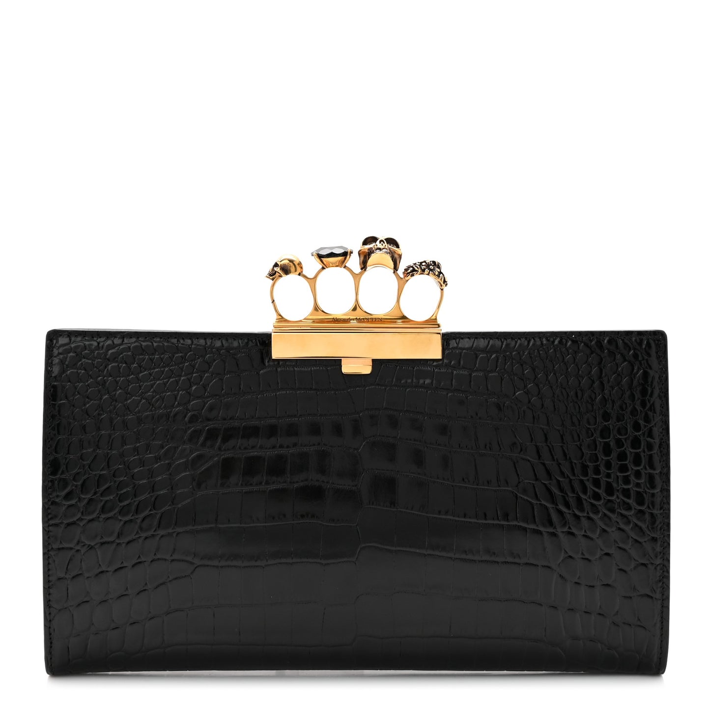 Calfskin Crocodile Embossed Knuckle Flat Clutch Black Gold