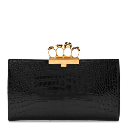Alexander McQueen Calfskin Crocodile Embossed Knuckle Flat Clutch Black Gold 1 of 6