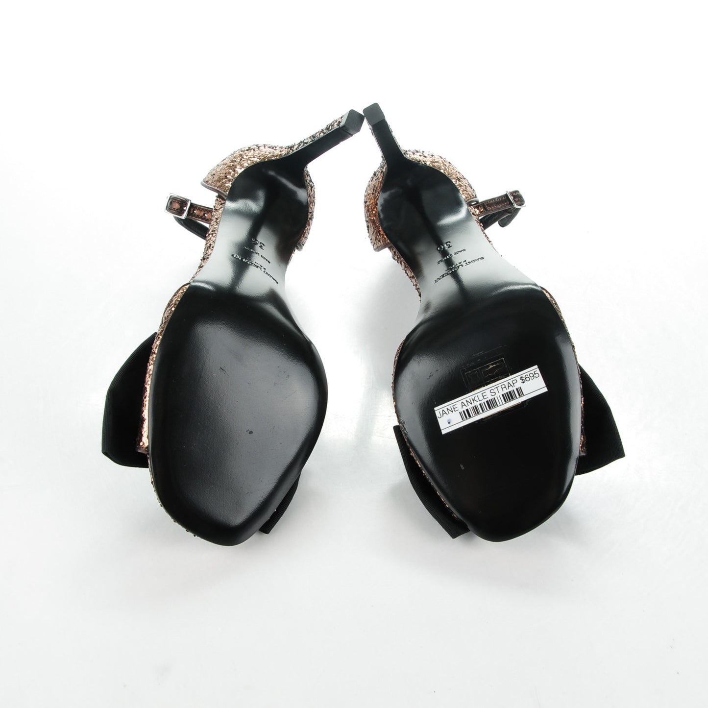 Glitter Grosgrain Jane 100 Bow Ankle Strap Sandals 36 Bronze