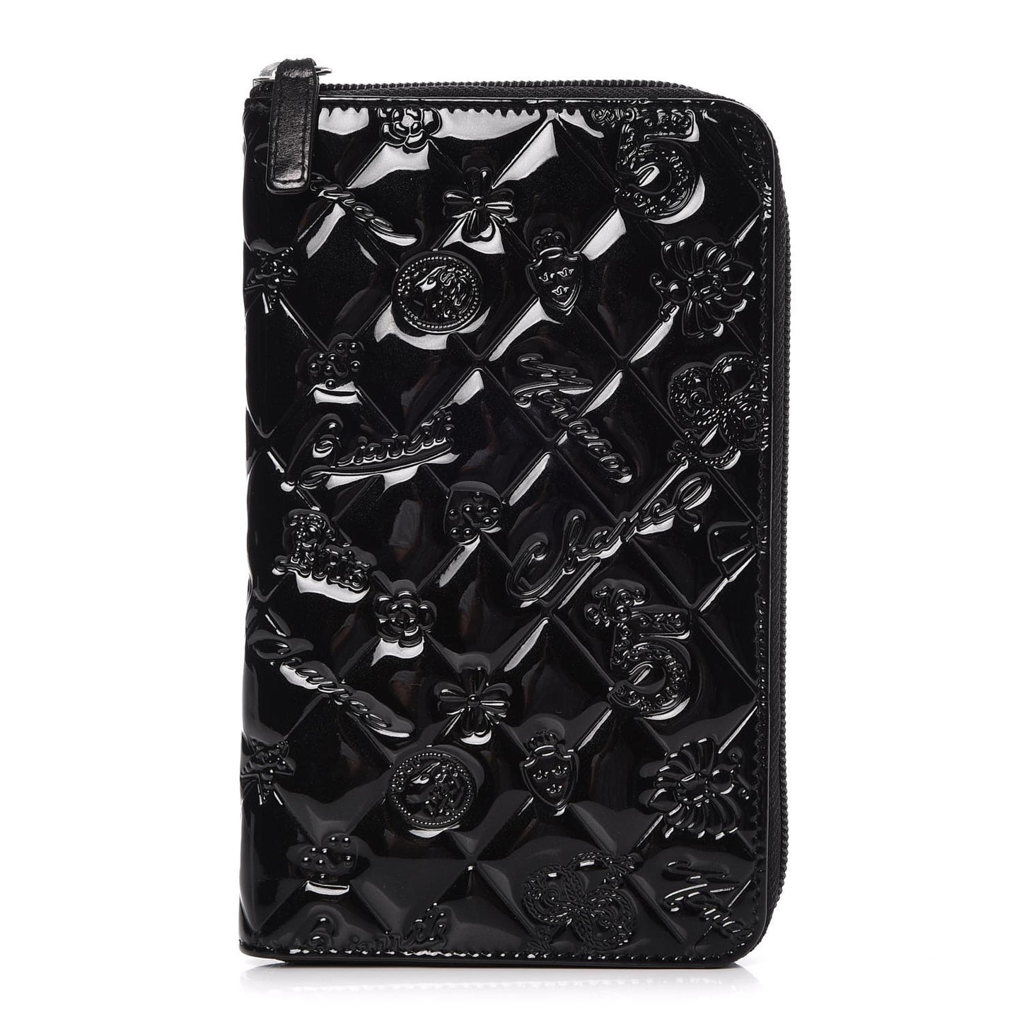 Patent Calfskin Lucky Symbols Zip Around Wallet Black