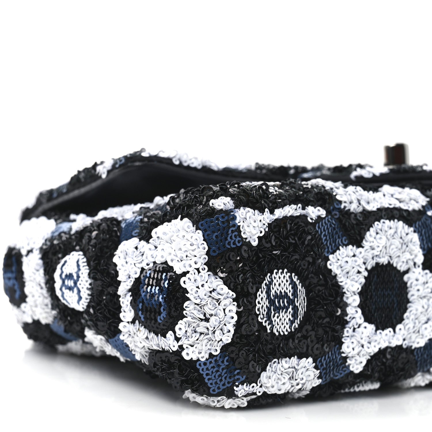 Chanel Satin Sequin Embellished Flower Mini Rectangular Flap Black White Blue 9 of 10